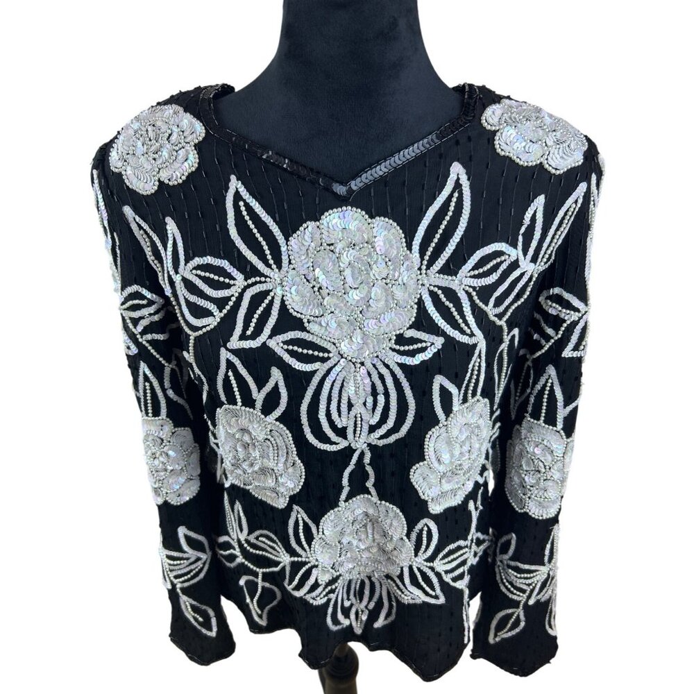 Vtg Leslie Fay Evenings Blouse XL Black Beaded Silk Sequin Floral Long Sleeve